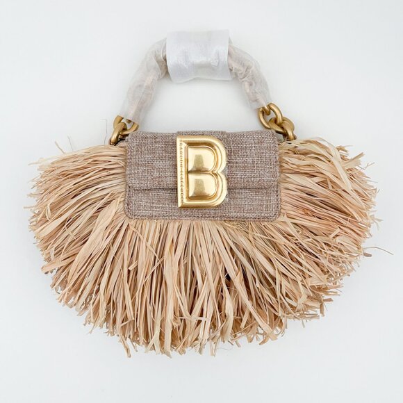 Brandon Blackwood Micro Nia Bag in Beige Linen with Fringed Wicker and Gold Bras - Picture 2 of 14